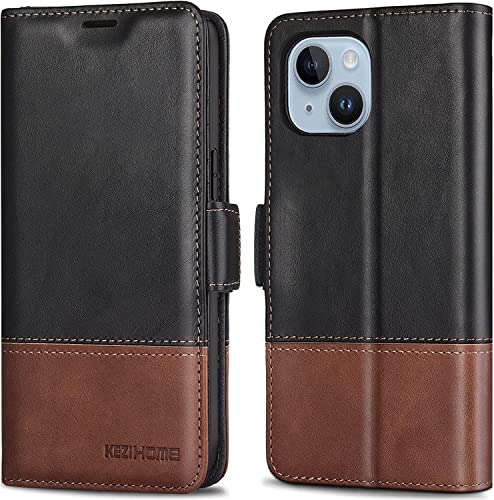 KEZiHOME Compatible with iPhone 14 Plus Case, [RFID Blocking] Genuine Leather Wallet Case [Credit Card Holder] [TPU Inner Shell] Shockproof Stand Flip Cover for iPhone 14 Plus 6.7'' (Black/Brown)