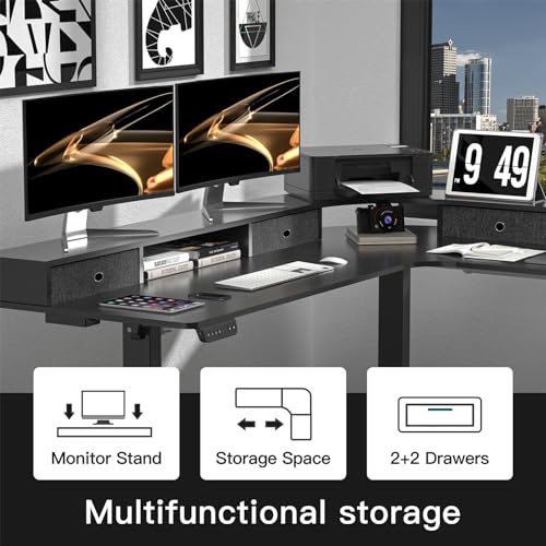 REGISDESK 67" L Shape Standing Desk, Electric L Adjustable Height Standing Desk with 4 Drawers, Corner Modern Standing Desk with Monitor Stand for Home Office, Classic Black