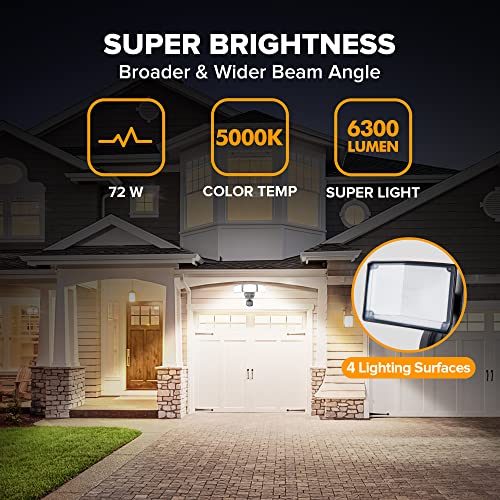 LUTEC 72W 6300LM LED Security Lights Motion Sensor Light Outdoor, 5000K Daylight, IP65 Waterproof, Dusk to Dawn, 3 Head Motion Detected Flood Light for Garage, Yard, Porch(Black)