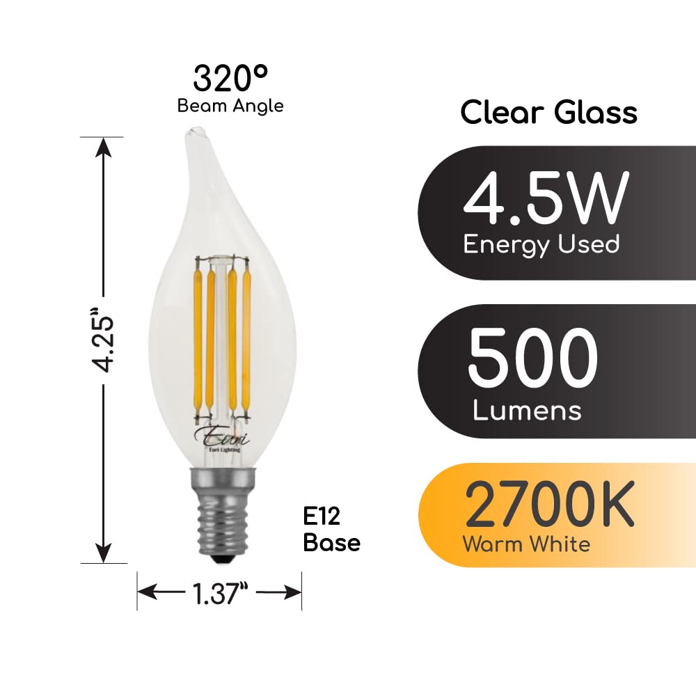 Euri Lighting VBA10-3020e-4, Dimmable LED BA10 Flame Tip Filament, 4.5W (50W Equiv) 500lm, 80 CRI, Warm White (2700K), E12, 120V, Wet Rated, UL, Energy Star, 3YR 15K HR WTY, 4-Pack