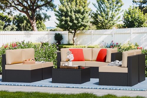 Vongrasig 7 Pieces Outdoor Patio Furniture Sets, Outdoor Sectional Rattan Sofa, PE Manual Weaving Wicker Patio Conversation Set with Cushion, Glass Table, Red Pillow (Beige)