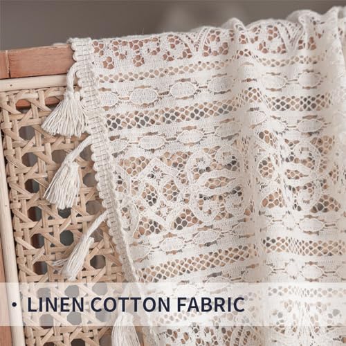 TOPSMCHER Boho Curtains 63 Inches Filtering Curtains for Bedroom Farmhouse Rustic Cotton Linen Curtains with Embroidery for Living Room Rod Pocket Bohemian Curtains,Blue
