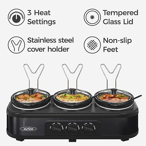 Sunvivi Triple Slow Cooker Buffet Servers and Warmer,3 Pot Food Small Mini Manual Slow Cooker with Adjustable Temp Stainless Steel Lid Rests,Removable Ceramic Pot,4.5 QT Black