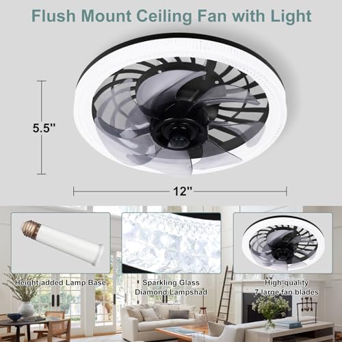 WESTTREE Celling Fan with Light and Remote, 12In Celling Fan with Lights - 144 Light Bead, Color Temperature, 4 Level Powered Wind Celling Fans for Bedroom, Dining Room QWF3103 Black