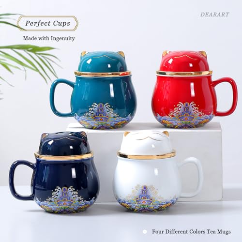 DEARART Beautiful Tea Mug and Lid Filter, 10.8oz Tea Cups Easy to Clean Keep Tea Hot, Steeping Loose Leaf Tea Bag, Coffee, Milk, Cute Cat, Dark Blue