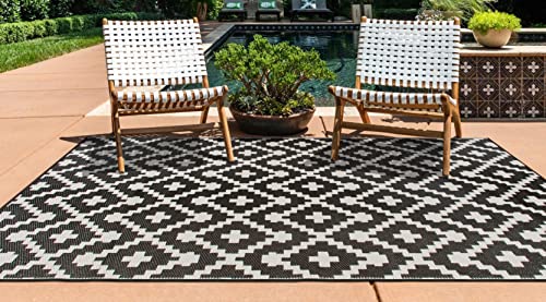 Rugshop Maui Contemporary Geometric Reversible Crease-Free Waterproof Premium Recycled Plastic Outdoor Rugs for Patio,Backyard,RV,Deck,Picnic,Trailer,Beach,Camping Black 3' x 5'