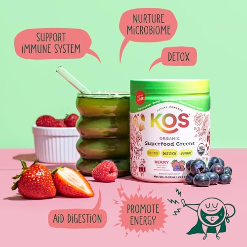 KOS Organic Superfood Greens Powder - Gut Health from Prebiotic Fiber, Supergreens and Adaptogens - USDA Certified Organic, Made in a GMP certified facility - 28 Servings Berry