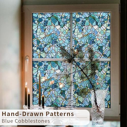 funlife Stained Glass Window Film, Double-Sided Thickened Static Cling Window Films, Non-Adhesive Glass Window Decals Decor for Door Window, 17.7"x118", Blue Cobblestones
