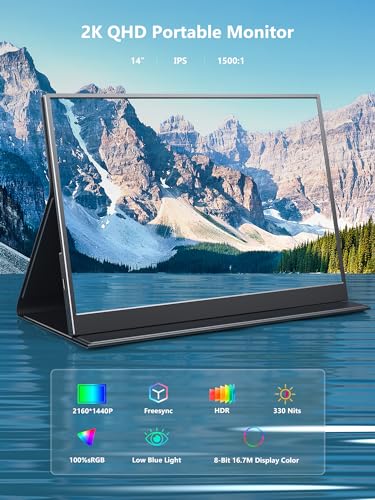 Pornitor Portable Monitor, 14 inch 3:2 QHD IPS Laptop Monitor, Dual USB C HDMI Laptop Screen Extender, 2160*1440P Gaming Display with 2 Speakers, Travel Monitor for Laptop PS4/5 PC Phone Xbox Switch
