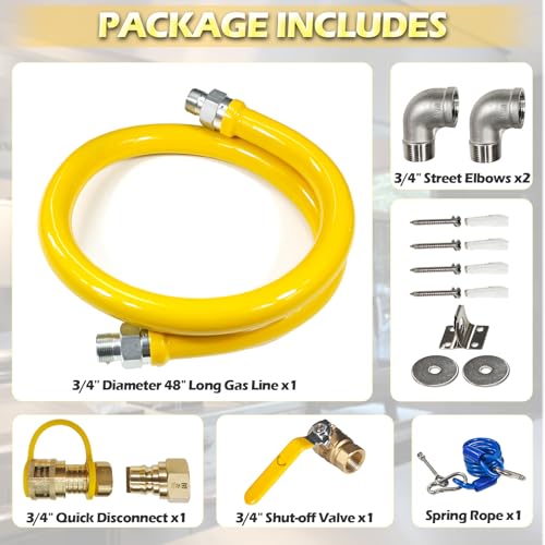 Safety System Kit, 3/4 In ID 48" Gas Hose Connector Kit with Elbows Quick Disconnect Gas Line Hose Full Port Gas Valve Restraining Device and Swivel Connector for Commercial Kitchen Equipment