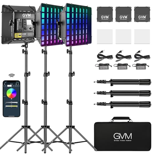 GVM 800D RGB Photography Lighting Kits with 3 Softboxes, 3 Packs Studio Lights with Bluetooth Control, YouTube Video Light with Upgrade18 Lighting Scenes, led Panel Lights for Video Recording