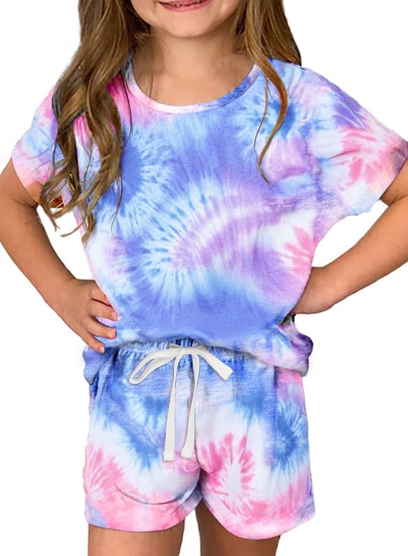 Dokotoo Girls Summer Cute T-Shirt Shorts Outfits Set Short Sleeve Tops Tee Clothes Crew Neck Tie Dye Stretchy Drawstring Waist Shorts with Side Pockets Size 8-9 Sky Blue