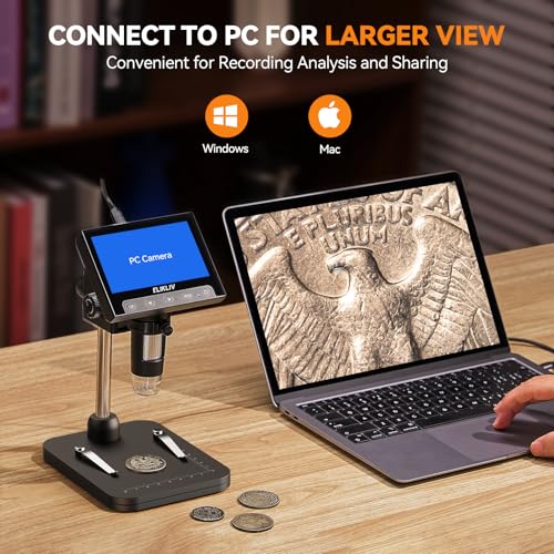 Elikliv Coin Microscope, 4.3'' LCD Digital Microscope 1000x, Coin Magnifier with 8 Adjustable LED Lights, PC View Compatible with Windows/Mac, EDM4B, Black