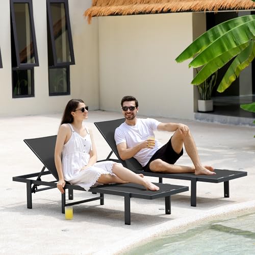 Aluminum Chaise Lounge Chair Outdoor, Patio Lounge Chair with Adjustable 5-Position Recliner and Full Flat Tanning Chair for Patio, Beach, Pool, Black