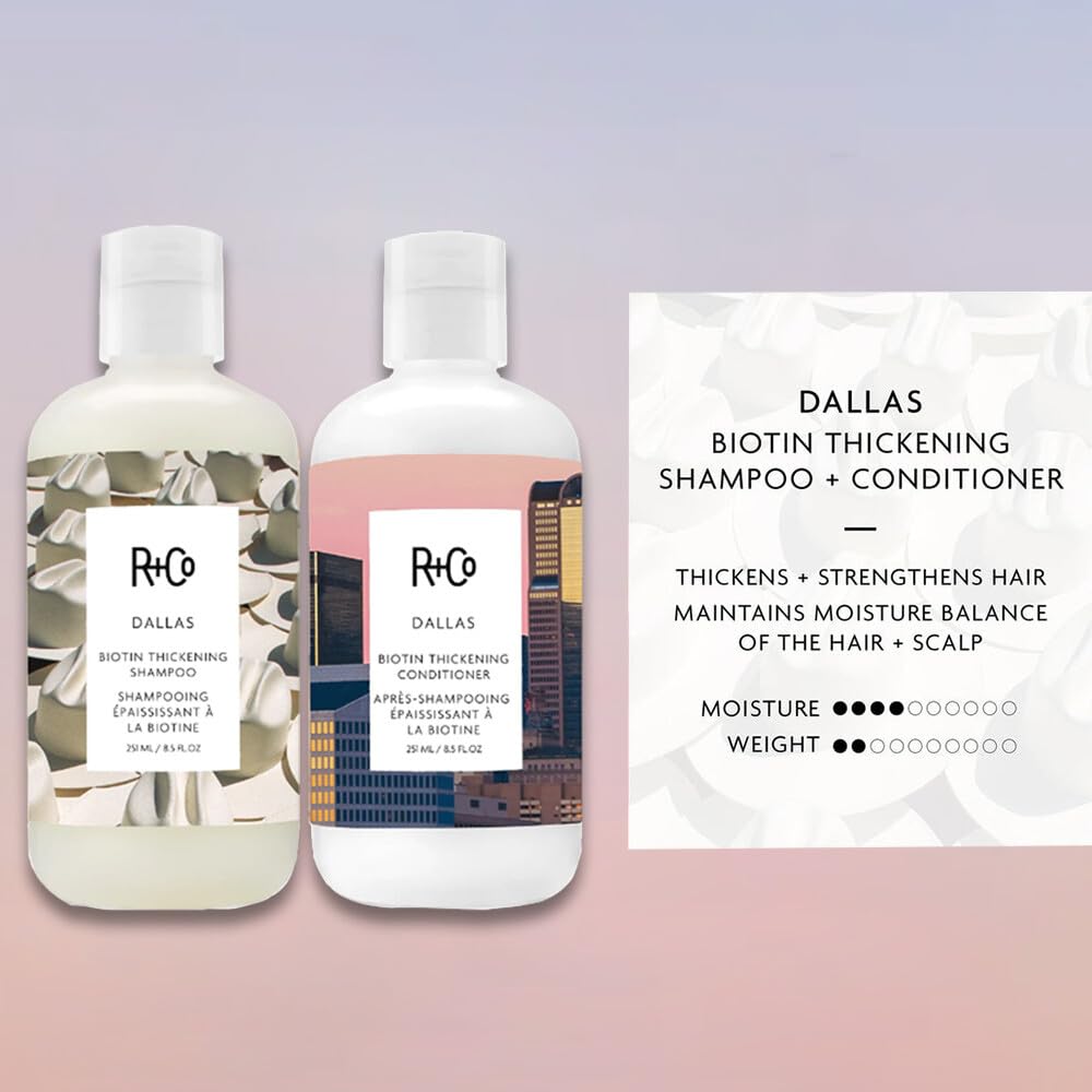 R+Co Dallas Biotin Thickening Shampoo and Conditioner Set (8.5 Oz) + Cool Wind pH Travel Size (.5 Oz) | Thickens + Nourishes + Strengthens | Set of 3