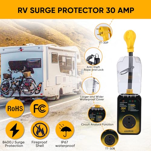 Gociean RV Surge Protector 30 Amp, Upgraded 8400 Joules with Waterproof Cover and Anti-Theft Cable Lock, RoHS Certified Power Voltage Protector with RV Circuit Analyzer for RV, Camper, Trailer