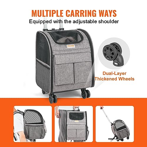 VEVOR Rolling Pet Carrier Backpack with Wheels for Under 18LBS, Large Soft Sided Wheeled Dog Carrier Cat Travel Carrier Airline Approved for Small Dogs and Medium Cats with Upgraded Wheels