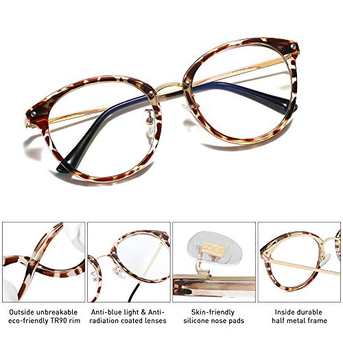 SOJOS Retro Round TR90 Blue Light Reading Glasses Womens Mens Readers Computer Glasses Eyewear Frame SJ9001, Bright Leopard Frame 0.00 x