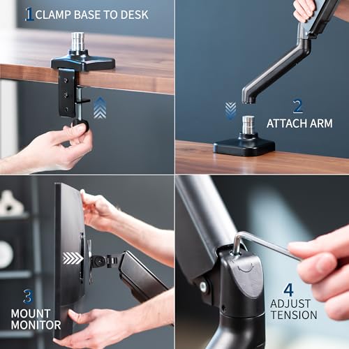 VIVO Single Monitor Height Adjustable Counterbalance Pneumatic Arm Desk Mount Stand, Classic, Universal VESA Fits Screens up to 32 inches, STAND-V001O