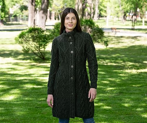 SAOL 100% Merino Wool Aran Cable Long Knit Women Cardigan Coat with Celtic Knot Buttons (Army Green, X-Small)