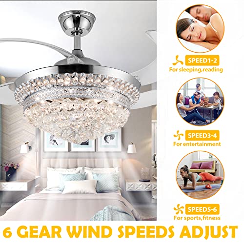 Panghuhu88 42" Invisible Ceiling Fan Chandelier with Light,Modern Crystal Ceiling Fan Light Remote Control 4 Retractable ABS Blades for Bedroom Living Dining Room Decoration (Silver)