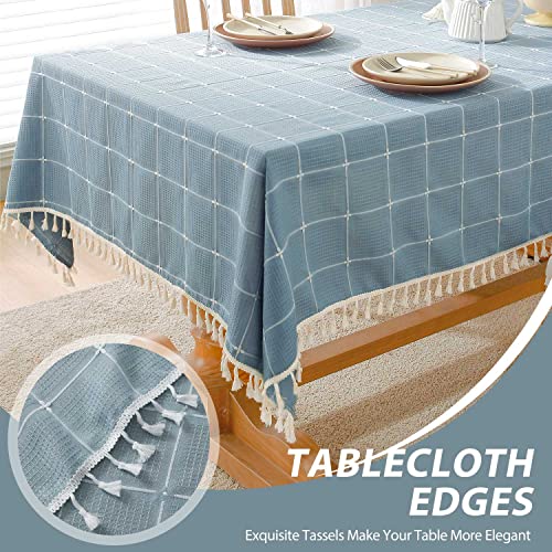 BESBESME Rustic Cotton Blend Plaided Table Cloth Boho Style Cream,Kitchen Dining Room Tablecloths for Square Tables, Washable Wrinkle Resistant,55 x 55 inches,Blue,4 Seats