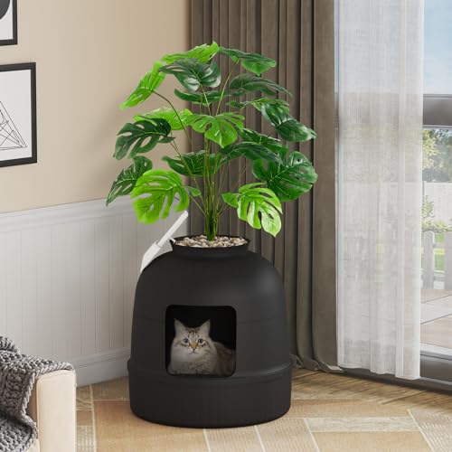 Lifewit Litter Box Cat with Faux Plant & Scoop(Random Color), Hidden Enclosure Litter Tray with Odor Control & Carbon Filter in Living Room/Bedroom/Bathroom Corner, Black