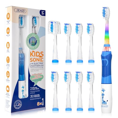 SEAGO Kids Electric Toothbrush with 2 Mins Brushing Timer and 8 Replacement Bursh Heads,Rainbow LED Light Make Brushing Fun, Blue Color Boys Battery Powerd Toothbrush for 4-12 Years Old