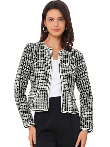 Allegra K Women's Plaid Tweed Blazer Long Sleeve Open Front Work Office Short Jacket Small Burgundy