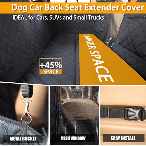 SOJERKI Dog Car Back Seat Cover with Hard Bottom, Large Back Seat Extender +45% Space, Waterproof Dog Seat Cover for Back Seat Holds 400lbs, Sturdy Backseat Dog Hammock for Car, Truck, SUV, Black