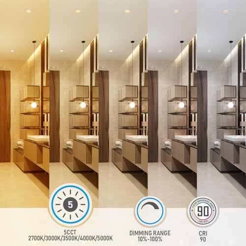 TORCHSTAR 8-Pack 5CCT 4 Inch LED Integrated Canless LED Recessed Lighting with J-Box, Anti-Glare Deep Baffle, CRI90 Dimmable Ceiling Downlight, ETL Air Tight IC Rated, 2700K3000K3500K4000K5000K