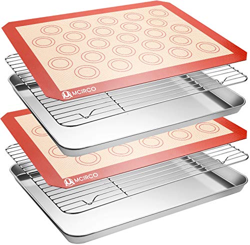 Stainless Steel Baking Sheet Tray Cooling Rack with Silicone Baking Mat Set, Cookie Pan with Cooling Rack, Set of 6 (2 Sheets + 2 Racks + 2 Mats), Size 16 x 12 x 1 Inch, Easy Clean
