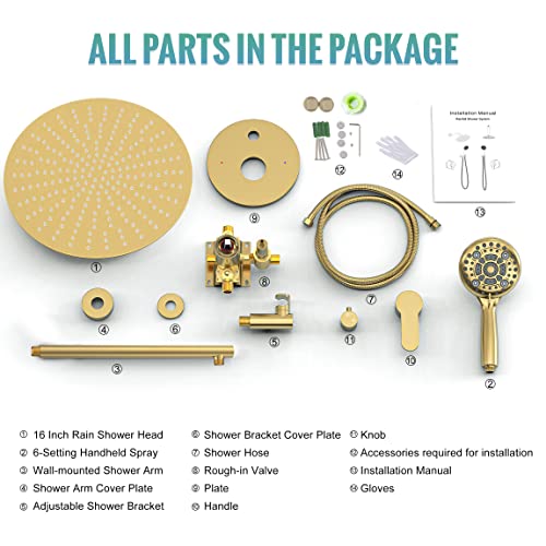 SR SUN RISE Shower Faucet - 3 Function High Pressure 10 Inch Shower System- 6 Setting Handheld Shower Head Fixtures- Valve Included Shower Faucet Set - Brushed Gold