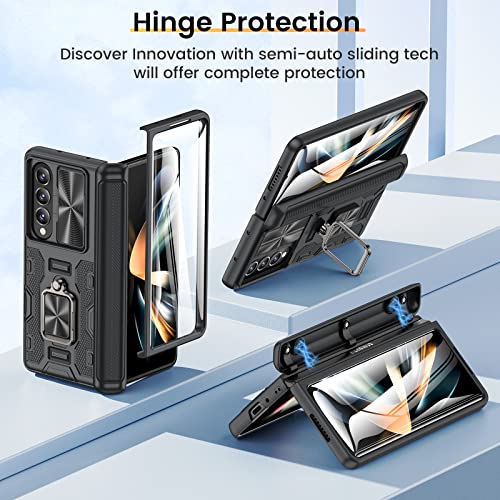 VEGO for Z Fold 4 Case, Galaxy Z Fold 4 Case with Slide Camera Cover & Hinge Protection Case with Screen Protector 360°Magnetic Kickstand Protective Cover Case for Samsung Galaxy Z Fold 4 5G - Black