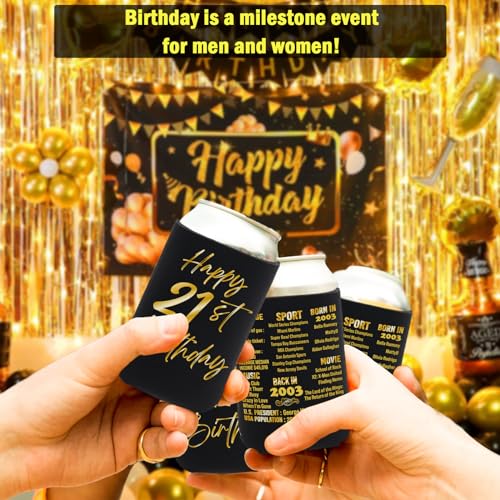 BackURyear 21st Birthday Decorations for Him Her, Birthday Decor for 21 Years Old Boy Girl, 21st Birthday Supplies for Women Men, Back in 2003-21st Birthday Can Cooler Sleeves- 12Pcs Black&Gold