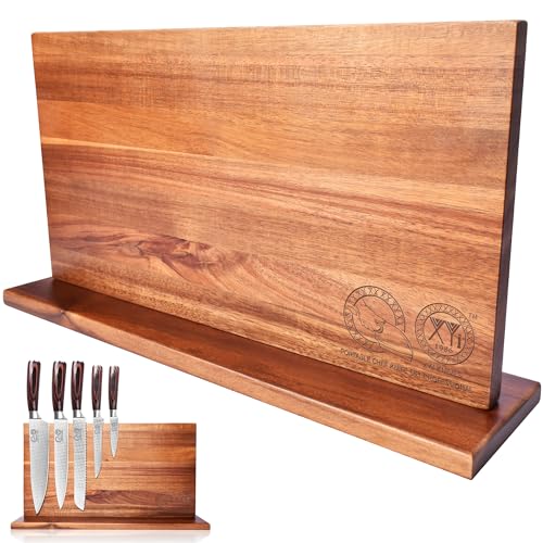 XYJ Extra Large Magnetic Knife Block Acacia Wood Knife Set Holder Stand With Stronge Magnetic Strip Kitchen Knives Storage Rack Organizer Tools No Drilling