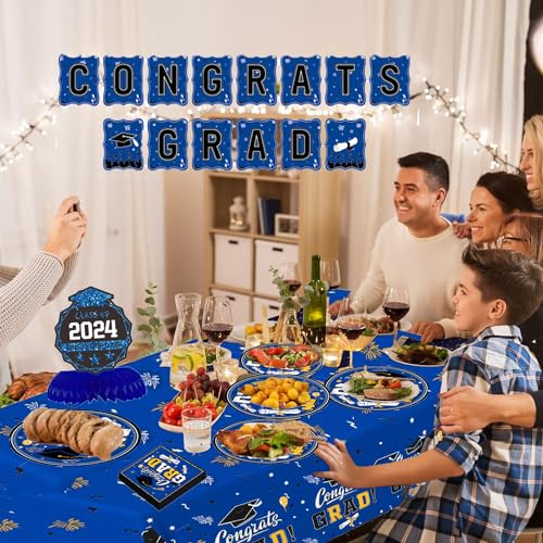 Graduation Party Plates and Napkins 2024, Blue and Gold Graduation Party Supplies Congrats Grad Party Decorations Class of 2024, Graduation Tablecloth,Banner,Serve 25