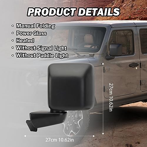 MOFOAP Driver Side Mirror for 2018-2023 Jeep Wrangler JL/2020 2021 2022 2023 Gladiator JT,Mirror Assembly with Heated,Manual Folding Without Turn Singal/Blind Spot,Replace 68281890AE 68281890AB