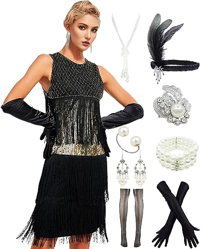 1920s Vintage Inspired Sequin Embellished Fringe Gatsby Flapper Tassel Dress w/ 20s Accessories Set Black Gold