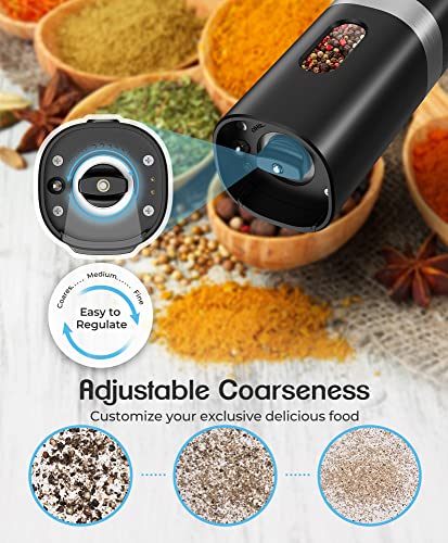 COSYAIREY Electric Salt and Pepper Grinder Set, 2024 New Rechargeable Salt and Pepper Mill with 4*Rechargeable Batteries, Charging Base, White Light, One Hand Automatic Operation, Black, 2Pack