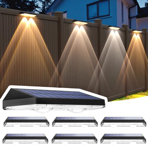 Outdoor Solar Fence Lights, 6 Pack Warm White & RGB 7 Color Charging Solar Deck Lights Waterproof Solar Lights for Outside Wall Porch Balcony Patio Decor