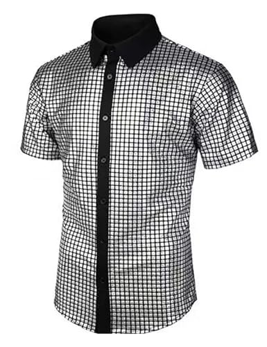 JIEFULL Mens 70s Disco Shirt Sequins Shiny Prom Costume Short Sleeve Button Shirts for Nightclub Party(Light Rainbow,S)