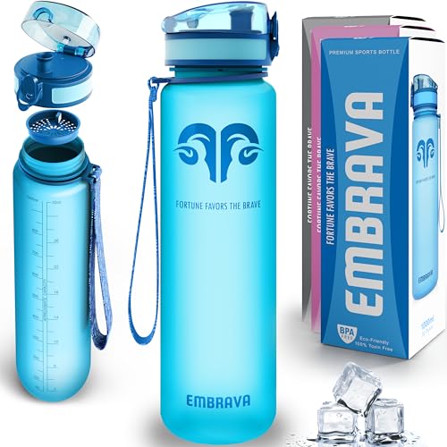 Embrava Best Sports Water Bottle - 32oz - Spill Proof & Lightweight - Perfect for Fitness & Outdoor Activities - Reusable Plastic - Narrow Mouth, Quart Sized - One-Click Water Bottle - Blue