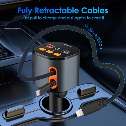 MQOUNY Retractable Car Charger,5 in 1 Fast Car Phone Charger 90W,Bluetooth 5.3 FM Transmitter Adapter,Handsfree Call Car Charger,2 Retractable Cables and USB Car Charger for iPhone 15/14/13