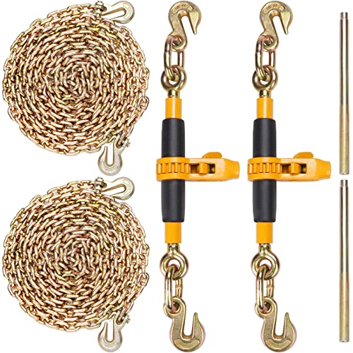 VEVOR Ratchet Chain Binder with Chain 5/16-3/8 inch, 7100 lbs Load Limit G80 Chain, Detachable Anti-Skid Handle, Tie Down Hauling Chain Binders for Flatbed Truck Trailer, 2 Set Black & Yellow