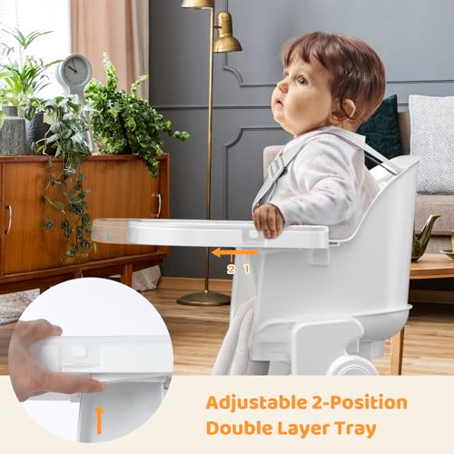 Ezebaby Folding Wooden High Chairs, 3-in-1 Convertible Baby High Chair, Dining Booster Seat, Toddler Chair, Easy Clean High Chairs for Babies and Toddlers with Large Adjustable Tray- Solid White