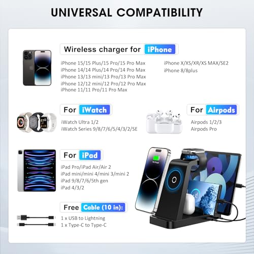 Wireless Charger for iPhone - 5 in 1 Charging Station for Multiple Devices Apple: Fast Wireless Charging Stand Dock for iPhone 15 14 13 12 Pro Max Apple Watch Airpods