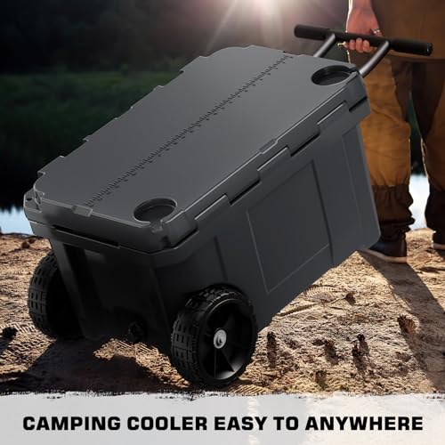 55 Quart Cooler with Wheels, Ice Chests Portable Camping Cooler Holds Ice up to 6 Days, Leak-Proof Insulated Cooler with Handle Cup Holders, Hard Cooler for Outdoor Camping, Beach, Boat, Grey