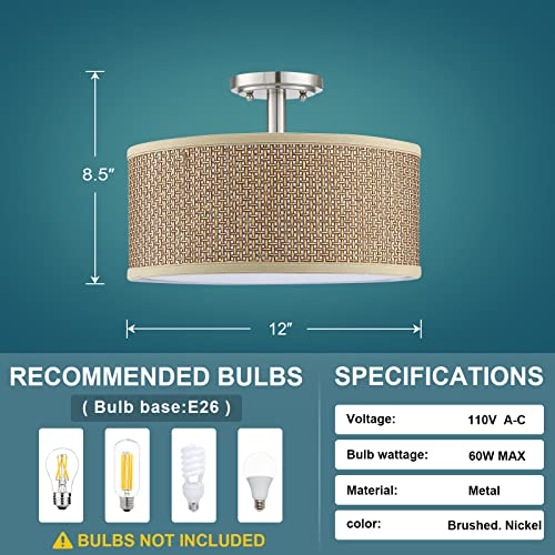 Linen Fabric Semi Flush Mount Ceiling Light PS Diffuser,Chandeliers Shade for Bar, Dining Room, Corridor,Living Room Hallway (Brushed Nickel Finish, 12 Inch)