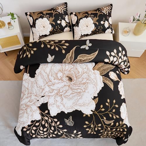 ANGIYUIN Black Floral Full Size Comforter Set White Flowers Bedding Set 3 Pcs Gold Leaves Butterfly Botanical Bedding Comforter Set Soft Farmhouse Bed Sets for Women Men
